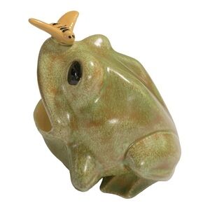 Frog Figurine, Soap Pad Holder, Chubby Green Ceramic 1970's, Signed Hand-Painted